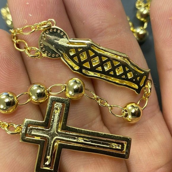 Rosary Beads Necklace 14k Gold Plated Real 925 Silver Rosario Jesus Cross CZ Icy - Picture 5 of 5